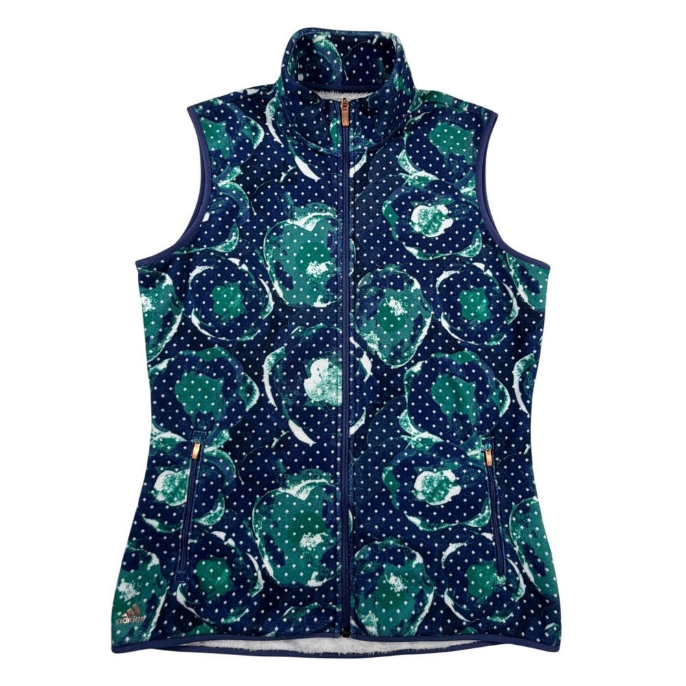 Adidas Womens Fleece Vest Navy Blue Green Apple Polka Dot Full Zip Size Medium‎